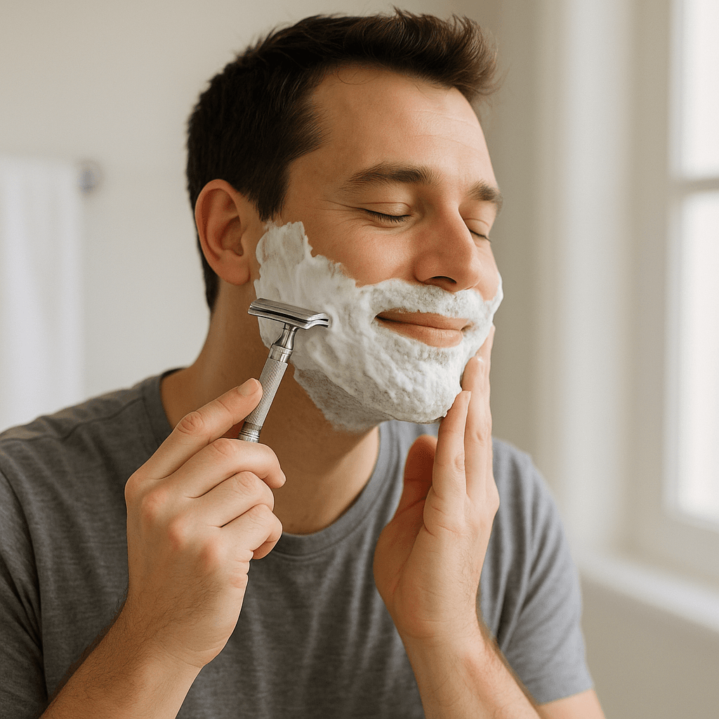 Man scheert zich heel tevreden met scheerschuim en een safety razor