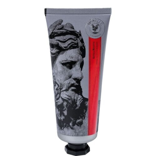 Grijze tube met afbeelding van een mannenhoofd, rode streep