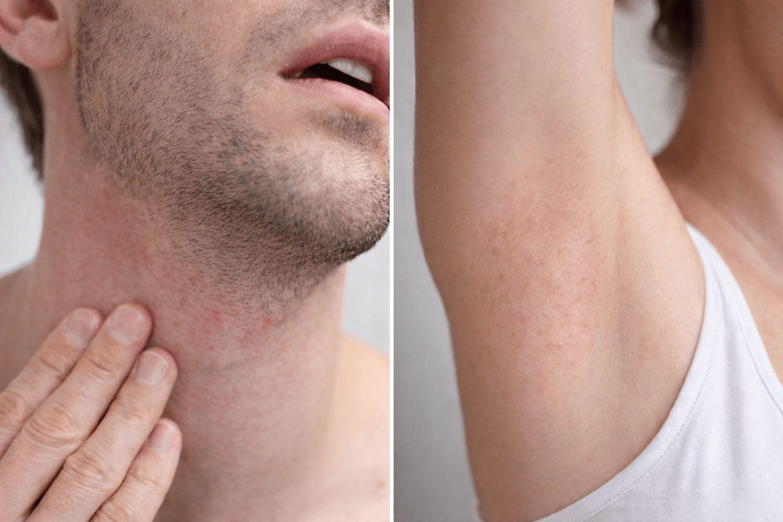 Huiduitslag op nek en oksel, close-up.